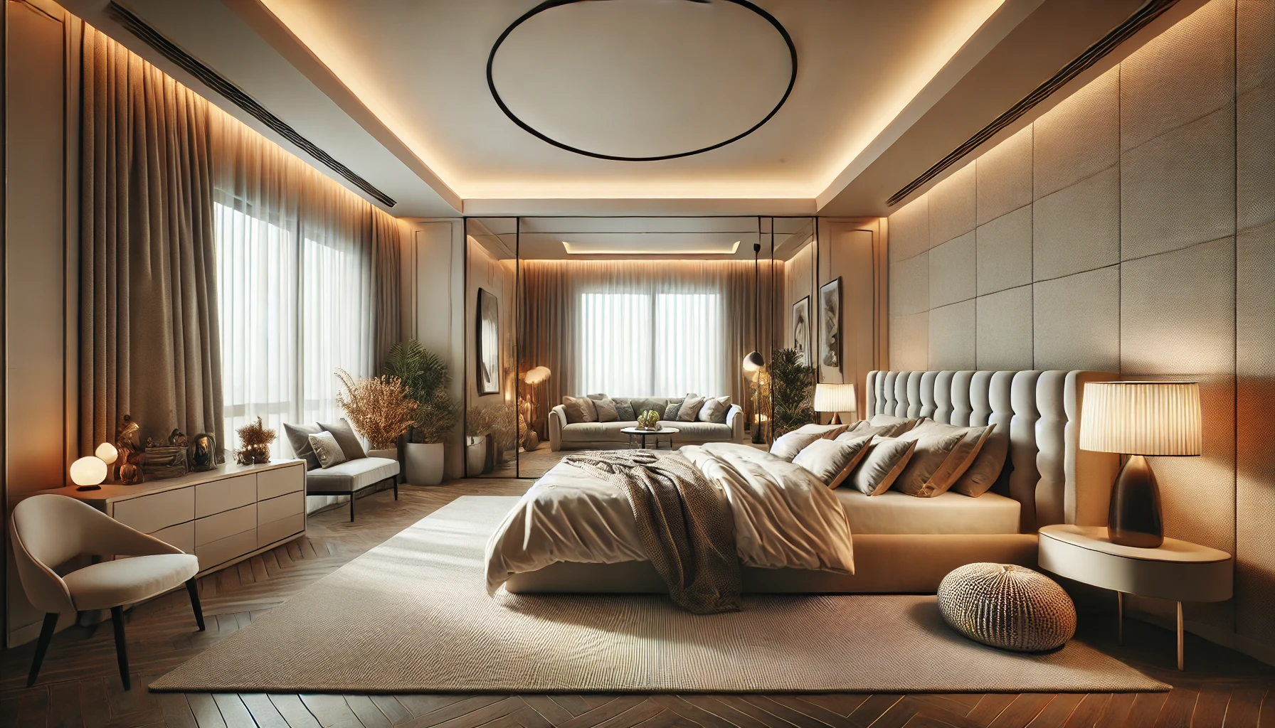 DALL·E 2025 02 04 04.55.31 A Wide Angle View Of A Modern Bedroom With A Cozy And Elegant Design. The Room Features A Large Bed With Soft Bedding Warm Ambient Lighting Stylish