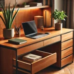 DALL·E 2025-02-04 04.56.25 - A stylish wooden desk in a modern workspace. The desk is made of rich, natural wood with a smooth finish, featuring drawers for storage. A laptop, boo